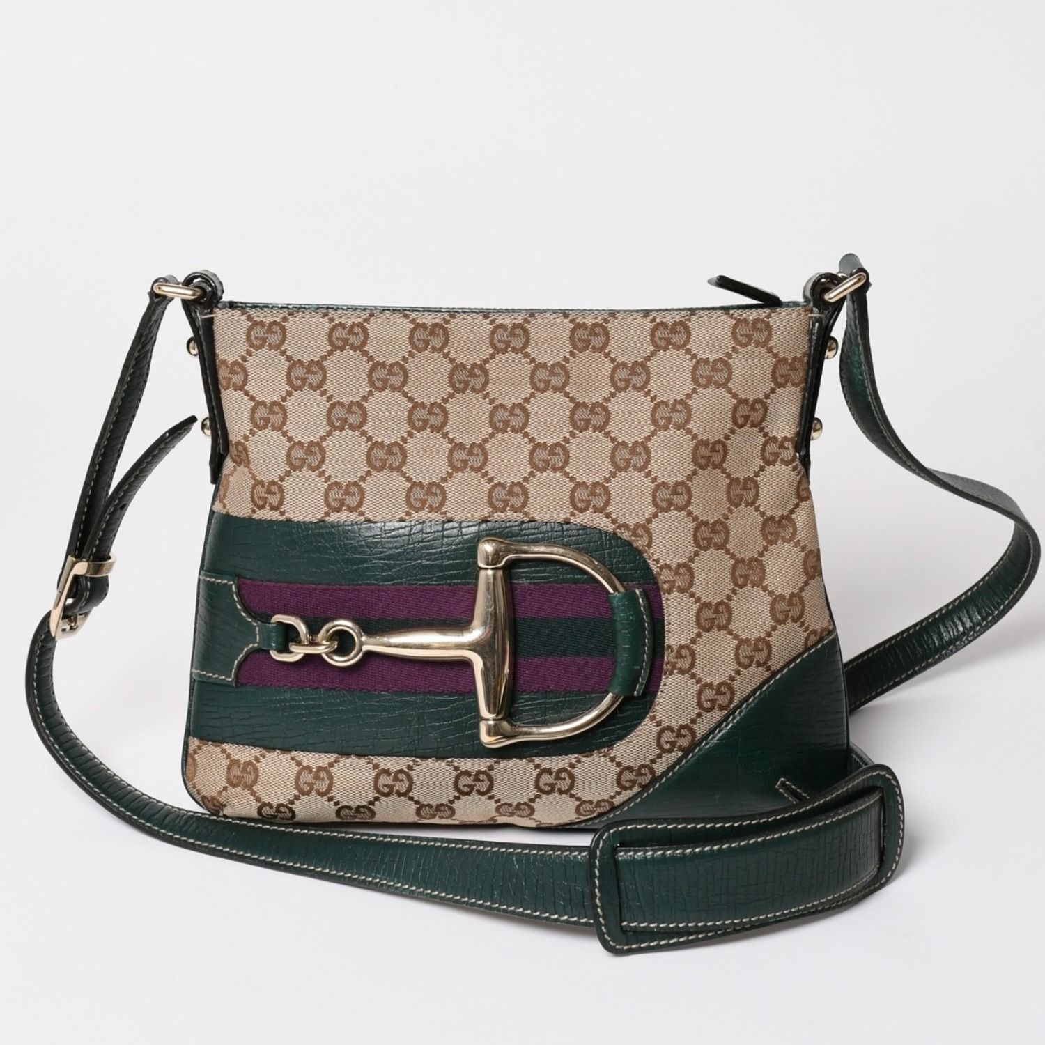 GUUCI グッチ Shoulder Bag ショルダーバッグ ホースビット 141506 ベージュ グリーン ゴールド金具 美品 中古 4a002073