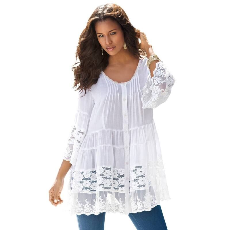 ロアマンズ レディース トップス Tシャツ プラスサイズ ブラウス レース Roamans Womens Plusize Lace Illusion Blouse White ホワイト