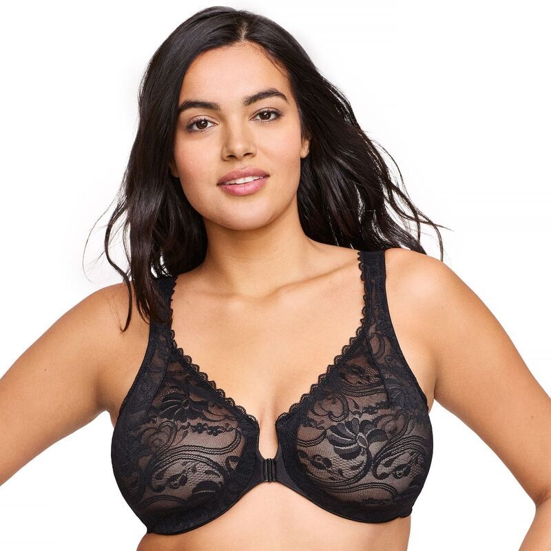グラマライズ レディース アンダーウェア ブラジャー プラスサイズ レース Plusize Glamorise FullFigure Wonderwire FrontClose Stretch Lace Bra 9245 Black ブラック