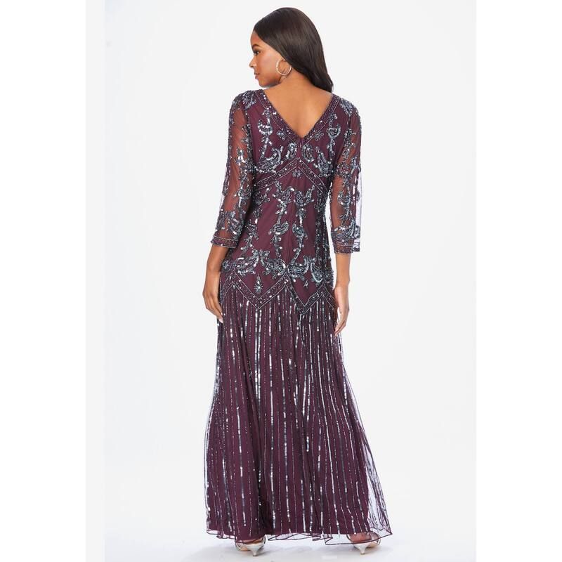 ロアマンズ レディース トップス ワンピース Vネック プラスサイズ マキシ Roamans Womens Plusize Beaded VNeck 34 Sleeve Maxi Gown Black ブラック
