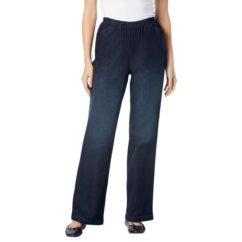 ウーマン ウィズイン レディース ボトムス デニムパンツ プラスサイズ トール ジーンズ Woman Within Plusize Tall Fineline Stretch Denim WideLeg PullOn Jeans Indigo Sanded イ