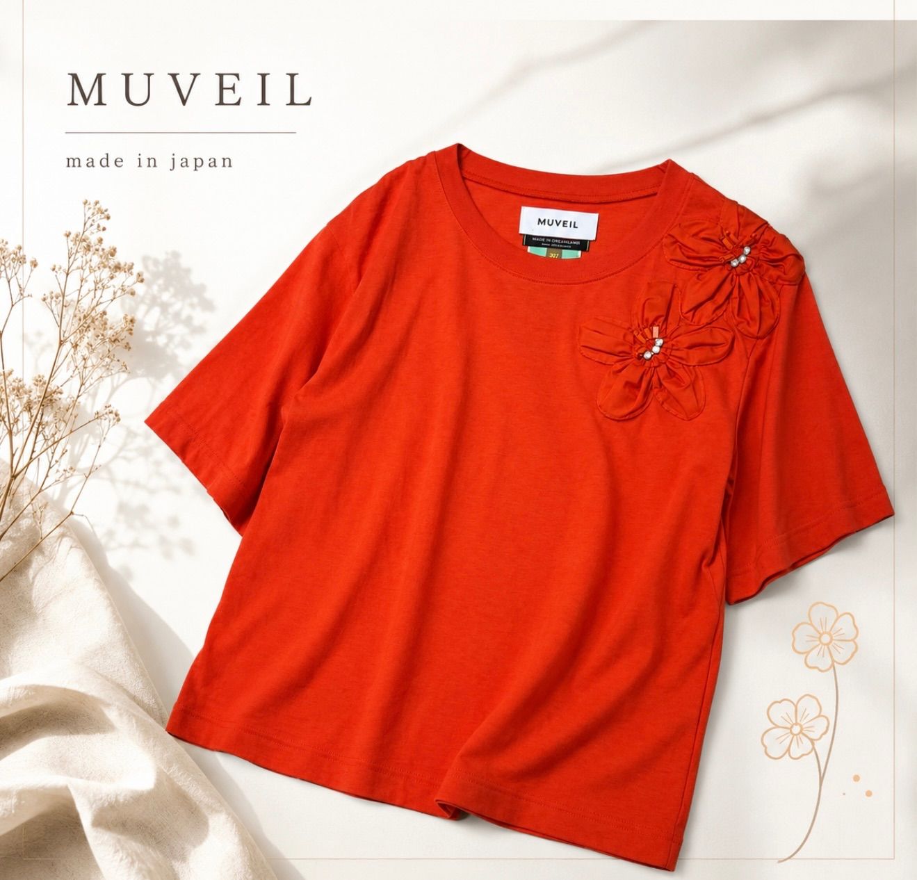MUVEIL ミュベール 花 刺繍 Tシャツ MUVEIL＞フラワー プリント Tシャツ