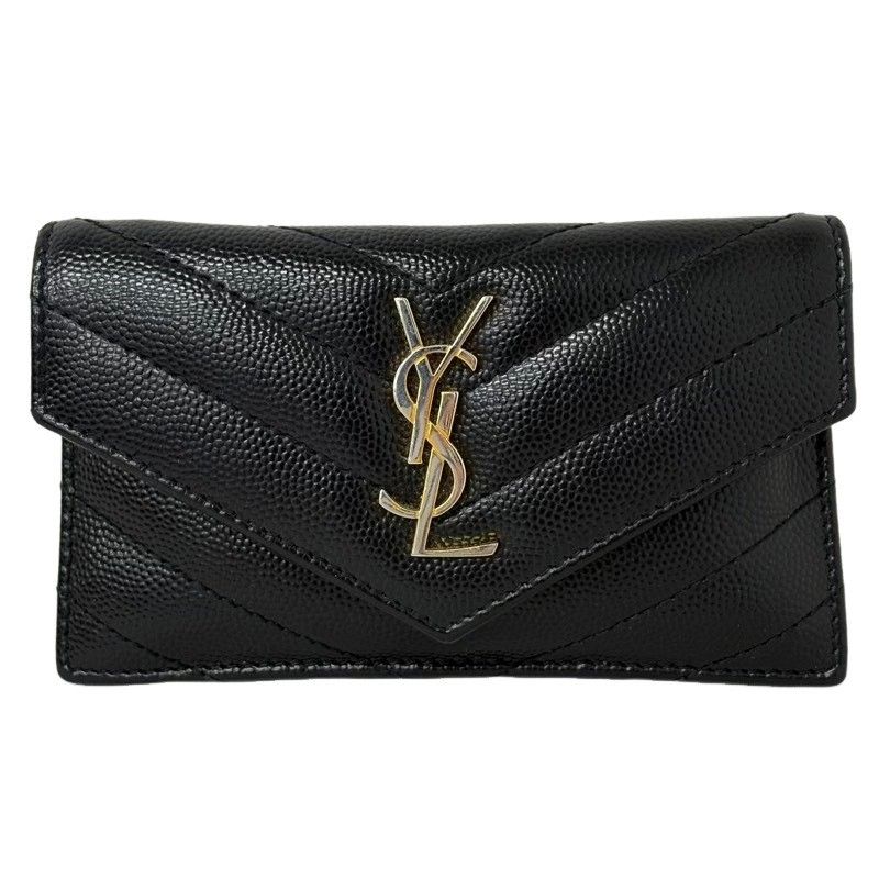SAINT LAURENT サンローラン Vステッチ フラグメントケース TGN612808 ブラック×ゴールド レザー カードケース レディース 【中古】 22605K410