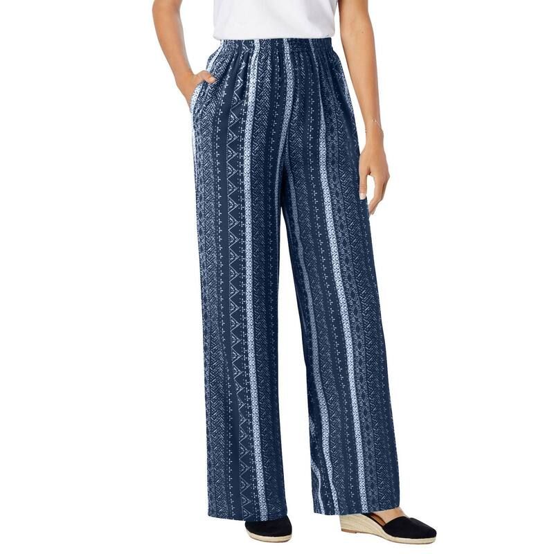 ウーマン ウィズイン レディース ボトムス カジュアルパンツ プラスサイズ Woman Within Womens Plusize PullOn Elastic Waist Soft Pants Navy Batik Stripe ネイビー