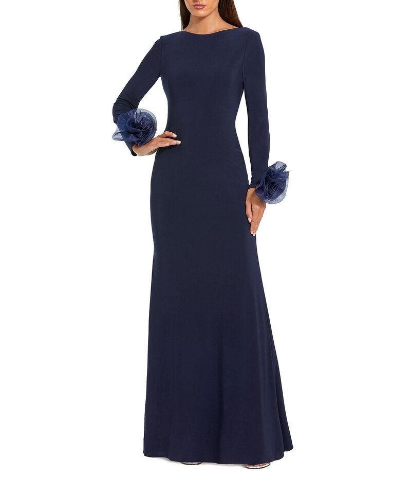 マックダガル レディース トップス ワンピース フラワー柄 ジャージー フラワー Mac Duggal Round Neck 3D Floral Sleeves Jersey Gown Midnight