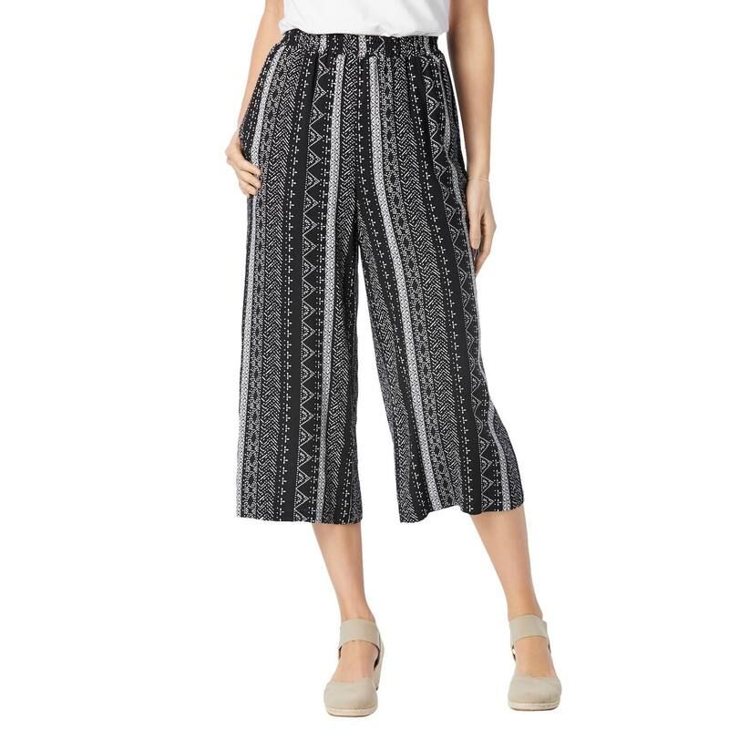 ウーマン ウィズイン レディース ボトムス カジュアルパンツ プラスサイズ キャップ Woman Within Plusize PullOn ElasticWaist Soft Capri Black Batik Stripe ブラック