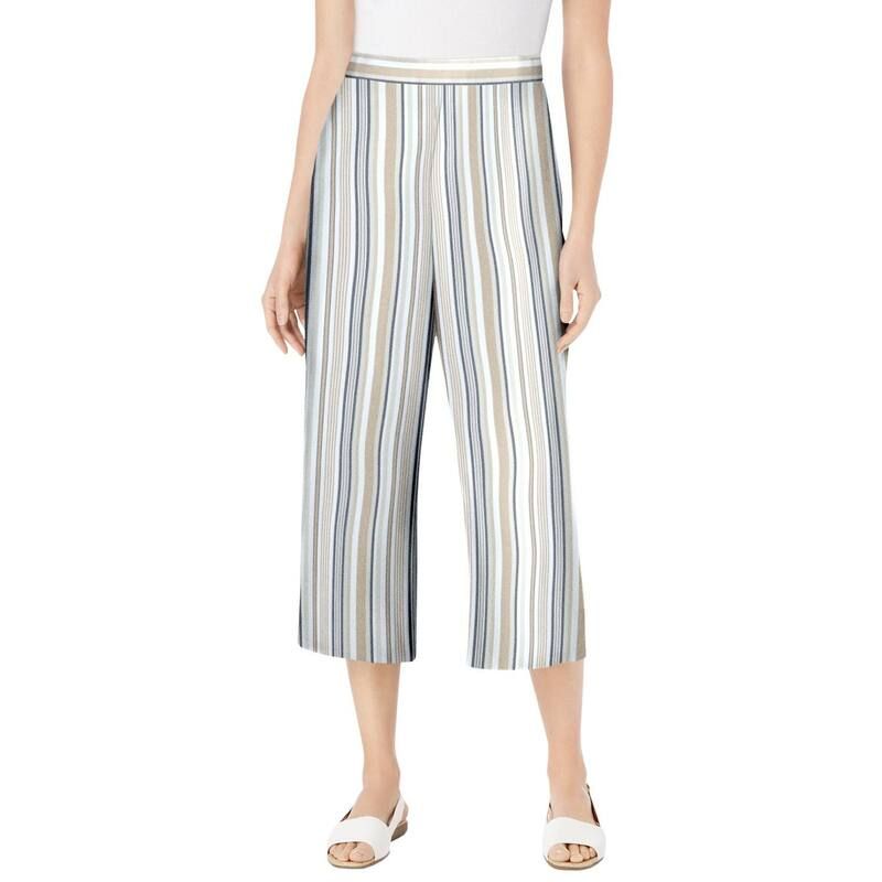 ウーマン ウィズイン レディース ボトムス カジュアルパンツ プラスサイズ プチ キャップ リネン Woman Within Plusize Petite Linen Capri Natural Khaki Stripe カーキ