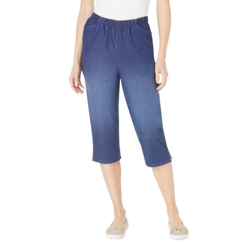 ウーマン ウィズイン レディース ボトムス カジュアルパンツ プラスサイズ プチ デニム キャップ ジーンズ Woman Within Plusize Petite Fineline Stretch Denim PullOn Capri Jeanstonewa