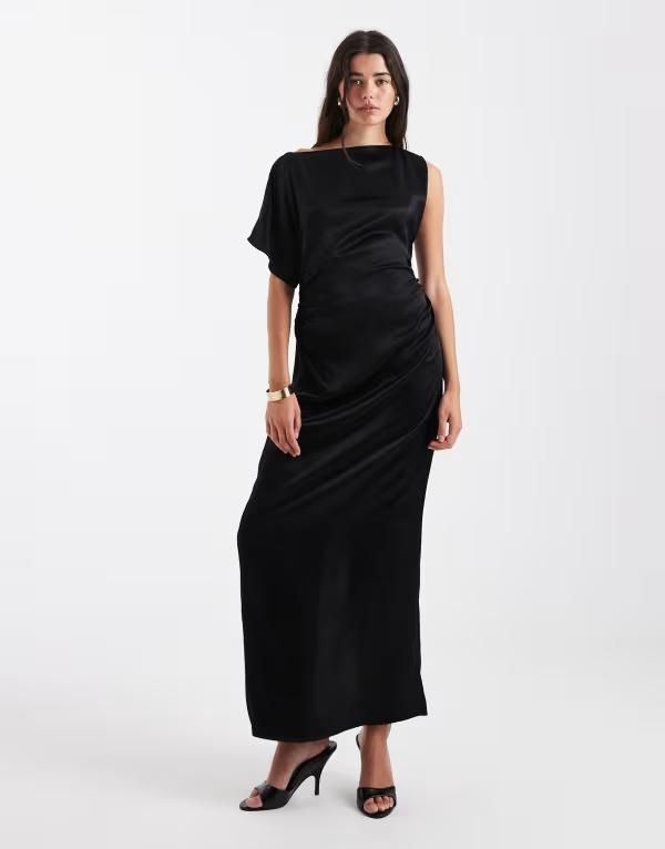 エイソス レディース トップス ワンピース ケープデザイン アシンメトリー ミディ サテン キャップ ケープ ASOS DESIGN satin cape asymmetric midi dress Black ブラック