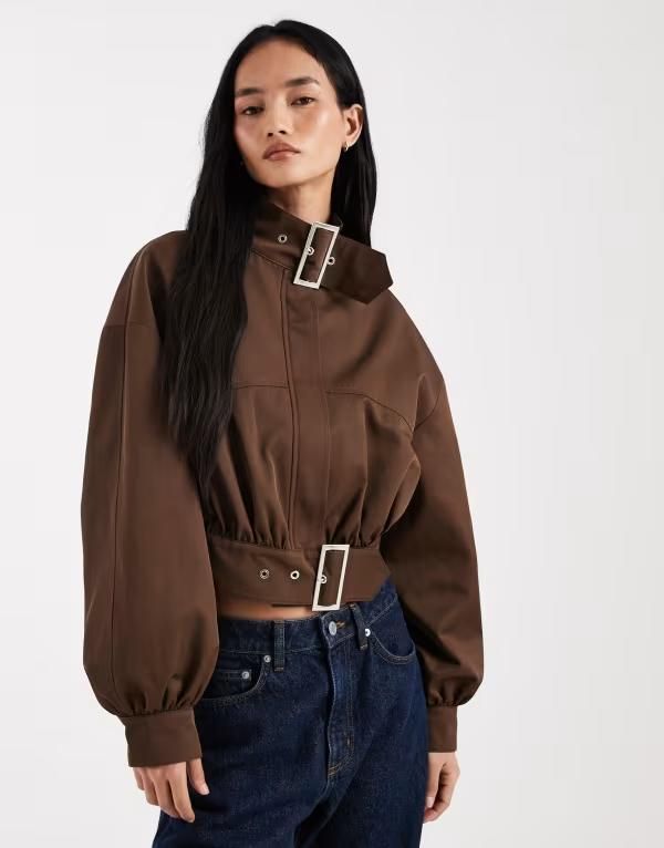 エイソス レディース アウター ジャケット・ブルゾン スタンドネックロップド ASOS DESIGN funnel neck cropped jacket with buckle detail BROWN ブラウン