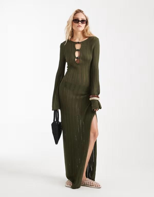 フォースレックレス レディース トップス ワンピース ニット マキシ 4th Reckless knit keyhole beadetail flare sleeve maxi beach dress in olive オリーブ