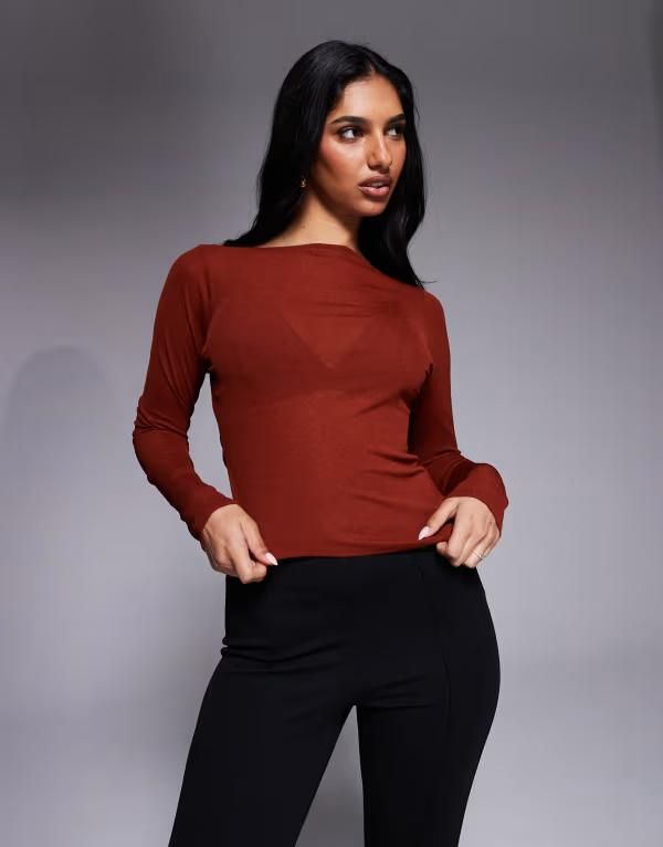エイソス レディース トップス シャツ アシンメトリー シアー ASOS DESIGN sheer second skin asymmetric hem long sleeve top in rust ラスト
