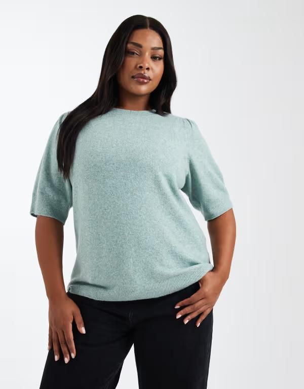 オンリーカーブ レディース アウター ニット・セーター ONLY Curve short sleeve knit sweater in light Chinois green グリーン