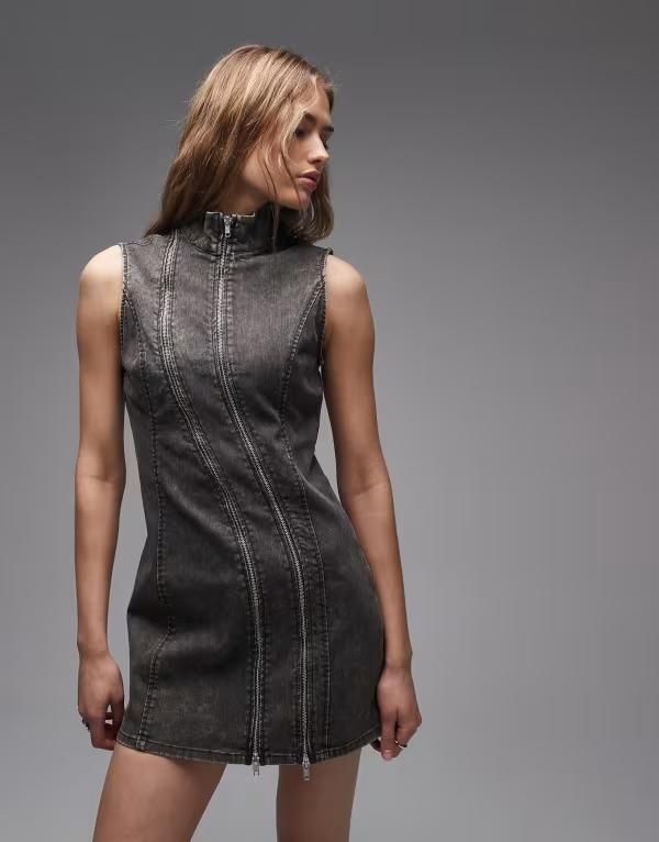 ウィークデイ レディース トップス ワンピース ハイネック ミニ Weekday high neck mini dress with zipper detailing in washed gray グレー