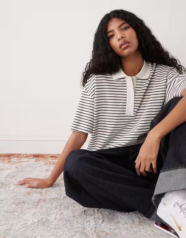 モンキ レディース トップス タンクトップ ポロシャツ Monki boxy fit short sleeve polo shirt stripe White black stripe ホワイト