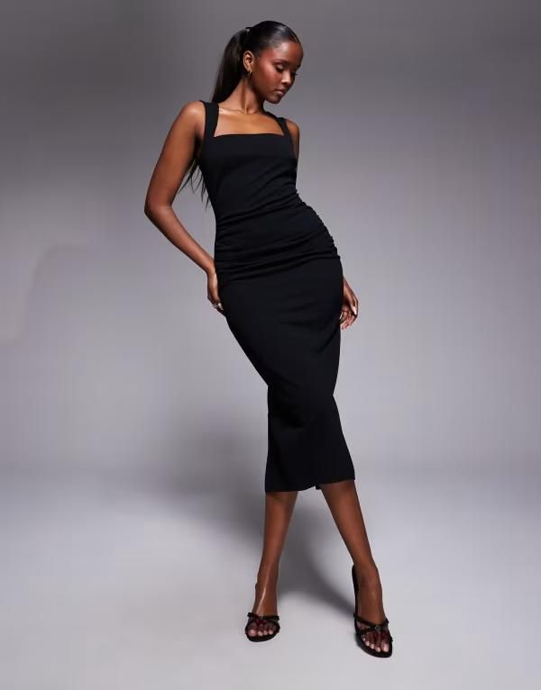 エイソス レディース トップス ワンピース ギャザー ミディ ASOS DESIGN square neck ruched waist midi dress Black ブラック