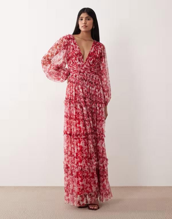 レース アンド ビーズ レディース トップス ワンピース Vネック フラワー柄 シアー マキシ フラワー Lace Beads deep v neck sheer bell sleeve maxi dress and red floral Red Floral
