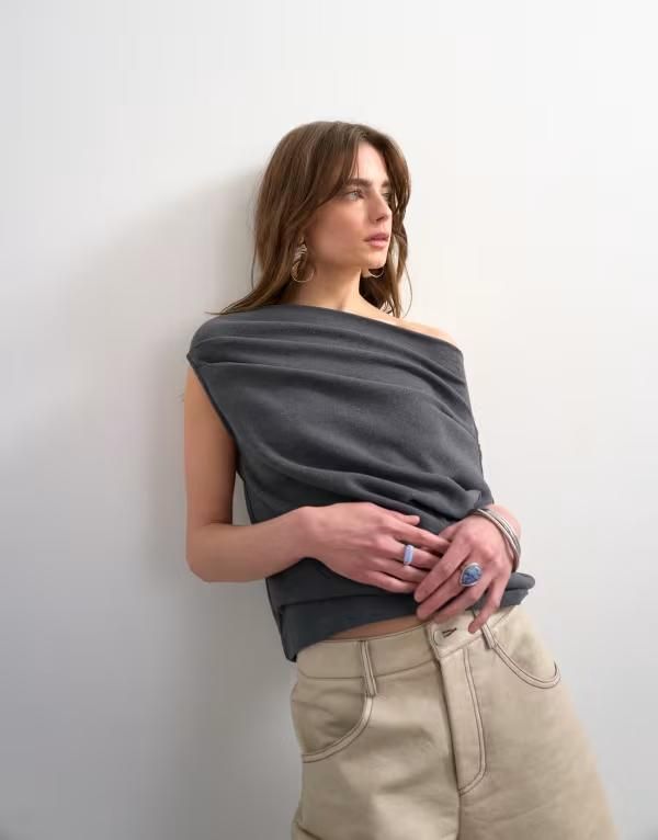 トップショップ レディース トップス Tシャツ Topshop softouch fallen shoulder top Gray グレー