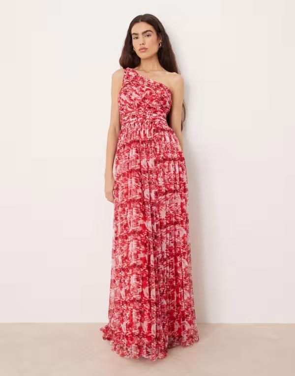 レース アンド ビーズ レディース トップス ワンピース チュール フラワー柄 プリント マキシ フラワー Lace Beads tulle one shoulder scarf neck maxi dress floral print RED レッド