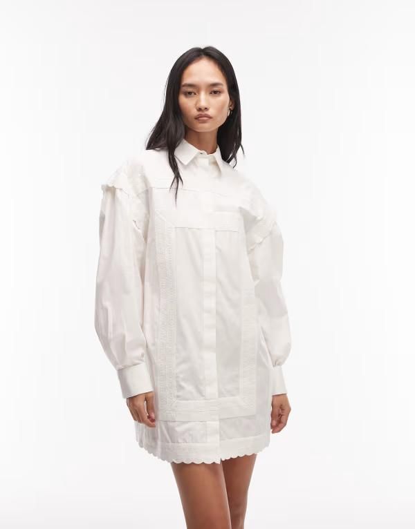 エイソス レディース トップス ワンピース レーストリム ミニ シャツ レース ASOS DESIGN poplin mini shirt dress with lace trim White ホワイト