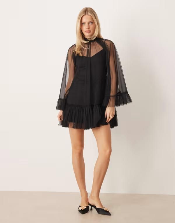レース アンド ビーズ レディース トップス ワンピース ハイネック ミニ シアー Lace Beads high neck sheer sleeves mini dress Black ブラック
