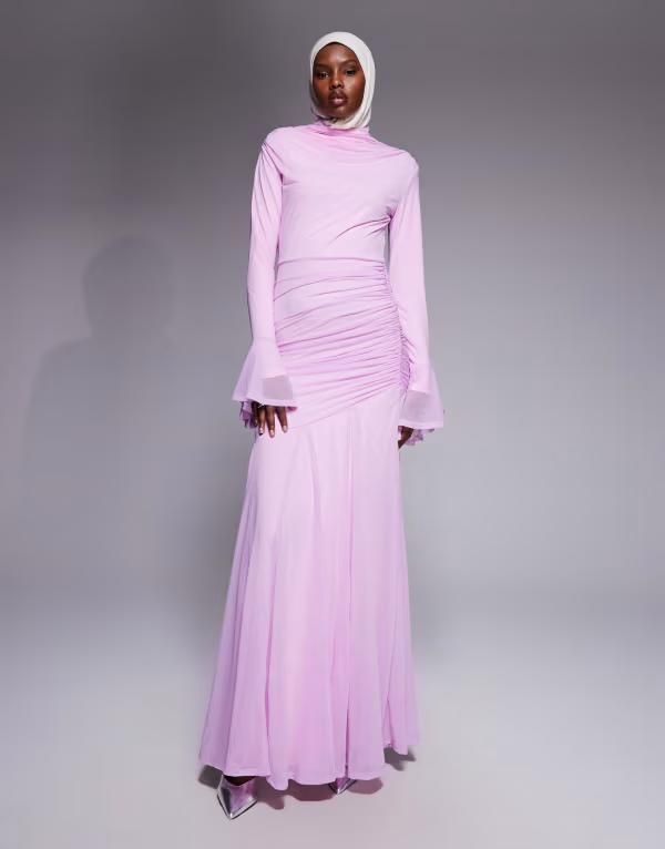 エイソス レディース トップス ワンピース シフォン ドレープ ギャザー マキシ ASOS DESIGN stretchiffon ruchedraped waist maxi dress with fluted sleeves in baby Peach ピ