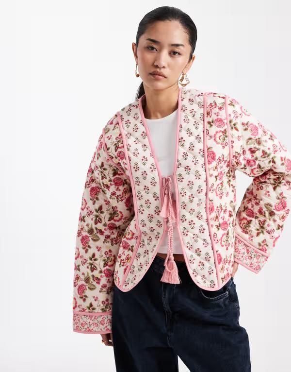 ミスセルフフリッジ レディース アウター ジャケット・ブルゾン プリント コットン Misselfridge mixed prints tie front padded cotton jacket in multi マルチカラー