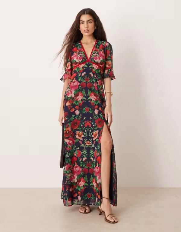 ホープ＆アイビー レディース トップス ワンピース オープンバック プリント マキシ Hope Ivy frill sleeve thigh split open back maxi dress navy print Multi マルチカラー