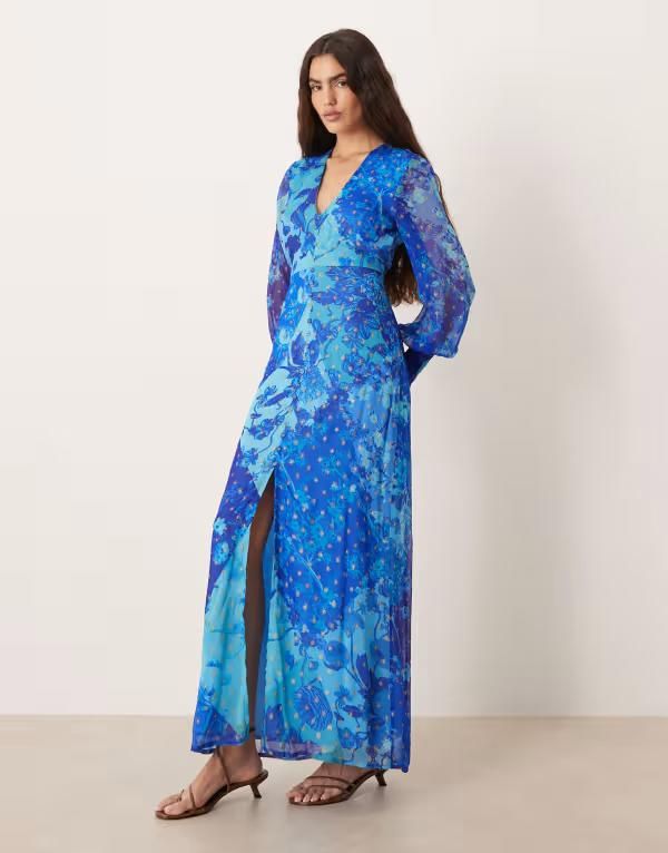 ホープ＆アイビー レディース トップス ワンピース Vネック フラワー柄 マキシ フラワー Hope Ivy v neck button front long sleeved maxi dress floral BLUE ブルー
