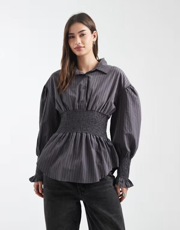 デイジーストリート レディース トップス シャツ Daisy Street shirred waist shirt and black stripes Gray black stripe ブラック
