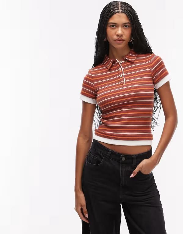 エイソス レディース トップス Tシャツ ポロシャツ ASOS DESIGN collared short sleeve polo top in chocolate and orange stripes Red stripe レッド