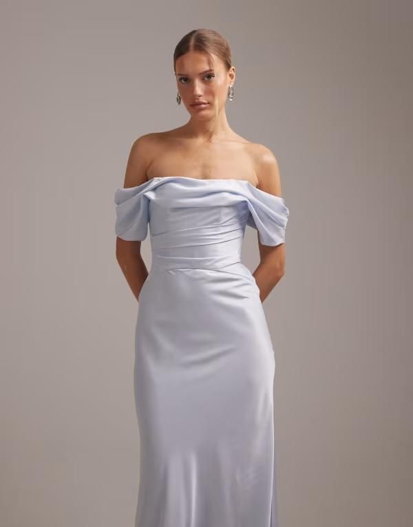 エイソス レディース トップス ワンピース サテン マキシ ASOS DESIGN bridesmaids bardot satin maxi dress BLUE ブルー