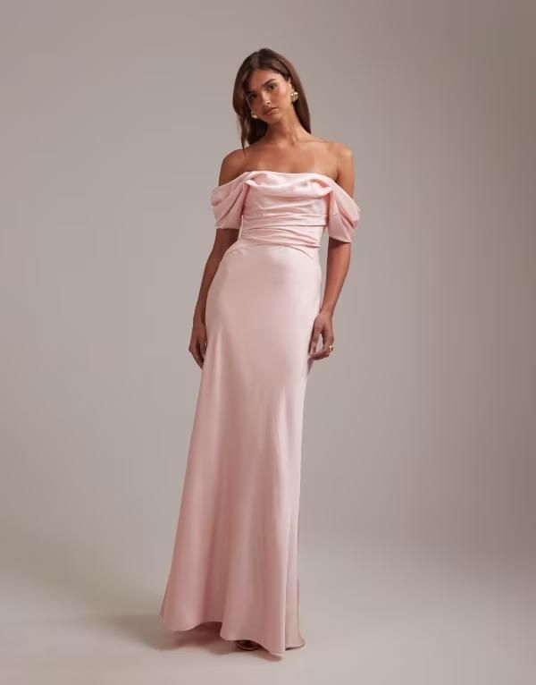 エイソス レディース トップス ワンピース サテン マキシ ASOS DESIGN Bridesmaids off the shoulder satin maxi dress PINK ピンク