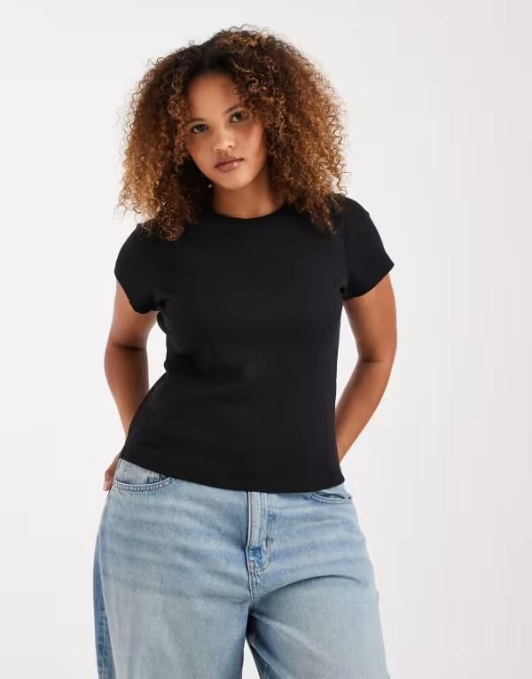 ヴェロモーダ レディース トップス Tシャツ リブ Vero Moda Curve ribbed round neck tshirt Black ブラック