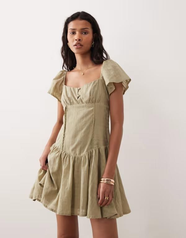 キスザスカイ レディース トップス ワンピース ミニ Kiss The Sky Eden texturedropped waist mini dress in sage GREEN グリーン