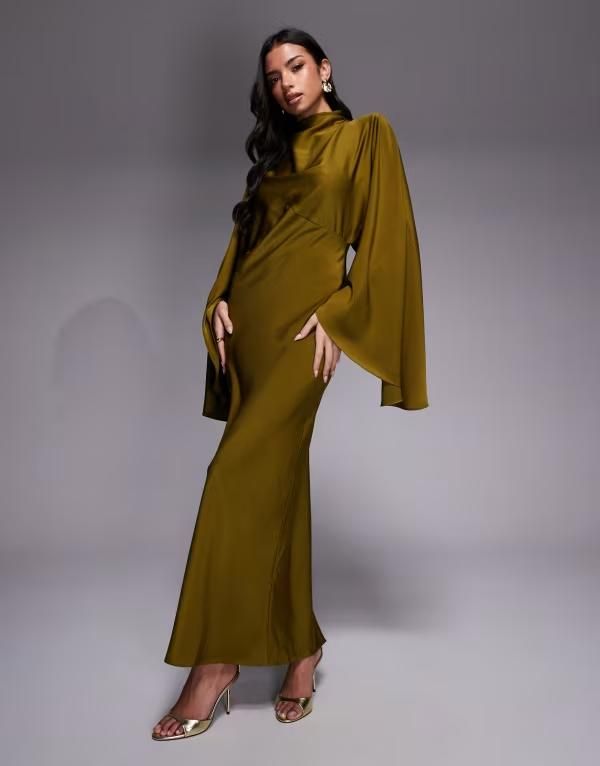 エイソス レディース トップス ワンピースタンドネック サテン マキシ ASOS DESIGN funnel neck satin maxi dress with exaggerated sleeves in dark Green グリーン 24,708円