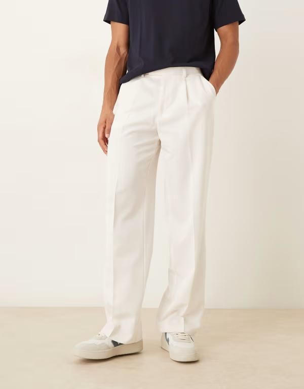 エイソス メンズ ボトムス カジュアルパンツ ワイドレッグ プリーツ ASOS DESIGN smart pleated wide leg pants WHITE ホワイト