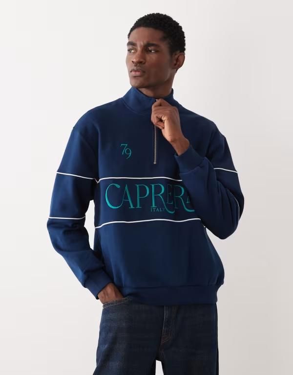 エイソス メンズ アウター パーカー・スウェット リラックスフィット ハーフジップリント シャツ 刺繍 ASOS DESIGN relaxed fit printed half zip embroidered sweatshirt with piping NA
