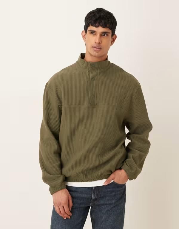 エイソス メンズ アウター パーカー・スウェット リラックスフィット スタンドネック ASOS DESIGN relaxed fit funnel neck rib Khaki カーキ
