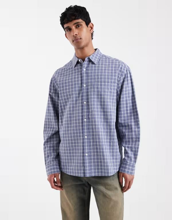 エイソス メンズ トップス シャツ ASOS DESIGN oversized plaid shirt BLUE ブルー