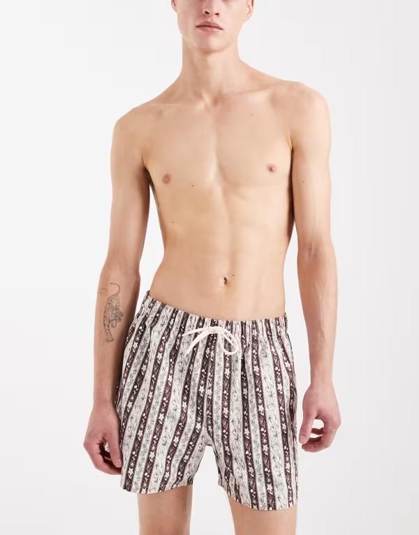 エイソス メンズ 水着 ハーフパンツ・ショーツ フラワー柄 ショートパンツ フラワー ASOS DESIGN short length swim shorts with floral stripes BROWN ブラウン