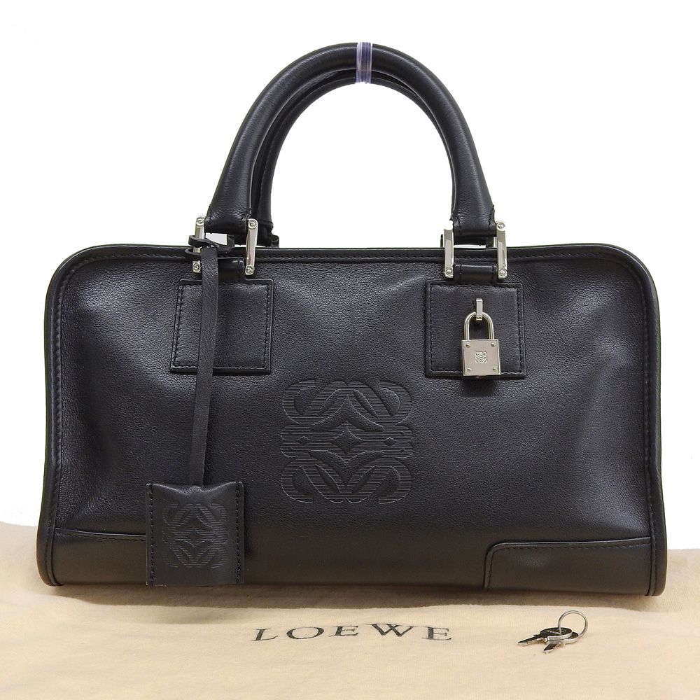 【本物保証】 布袋付 超美品 ロエベ LOEWE アマソナ28 アナグラム ハンドバッグ レザー ブラック ロゴ