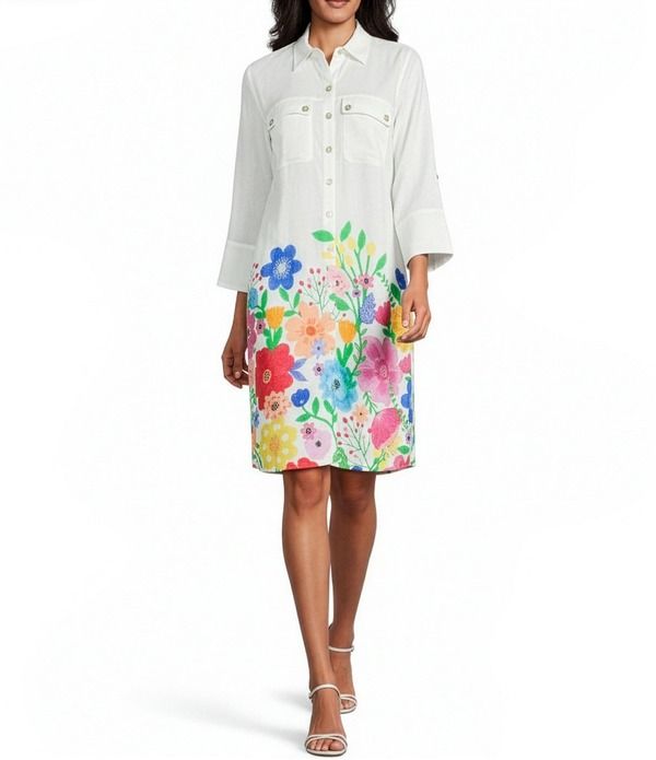 ジョン マーク レディース トップス ワンピース フラワー柄 プチ プリント ミディ シャツ リネン フラワー John Mark Petite Size Linen Blend Woven Multi Floral Border Print Point Co