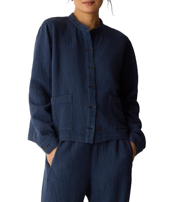 エイリーンフィッシャー レディース アウター コート ジャケット Eileen Fisher Crinkle Doubleweave Mandarin Collar Long Sleeve Jacket Ink