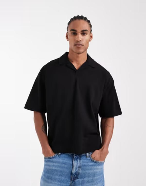 エイソス メンズ トップス ポロシャツ ASOS DESIGN heavyweight oversized boxy revere polo Black ブラック