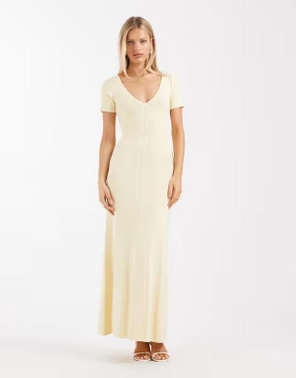 フォースレックレス レディース トップス ワンピース Vネック ニット マキシ 4th Reckless fine knit v neck seam front detail maxi dress in lemon