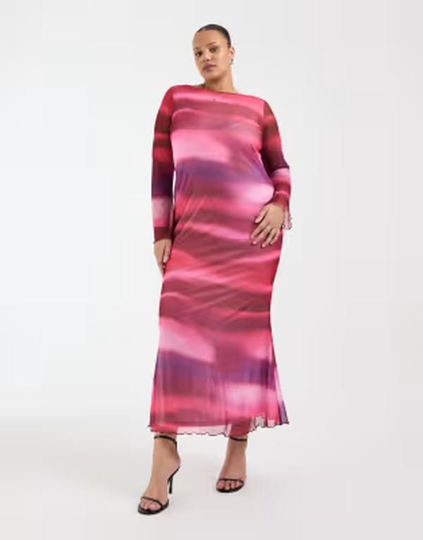 ヴェロモーダ レディース トップス ワンピース プリント メッシュ マキシ Vero Moda Curve long sleeve mesh maxi dress abstract print Pink Abstract ピンク