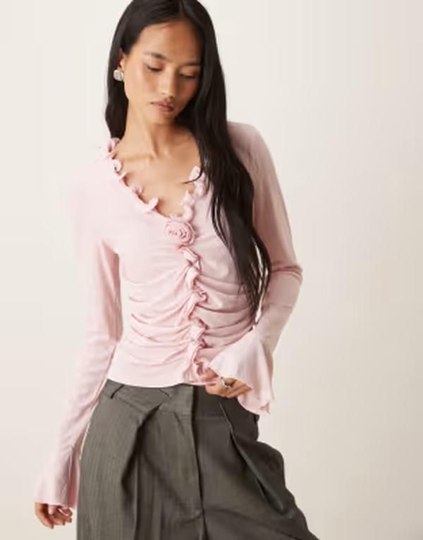 ヴィラ レディース トップス Tシャツ フリル VILA ruffle trim long sleeve top in cherry blossom Cherry Blossom ピンク