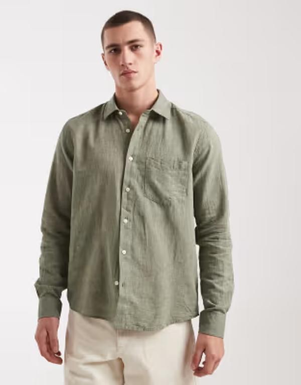 オンリーアンドサンズ メンズ トップス シャツ レギュラーフィット リネン ONLY SONS regular fit linen mix long sleeve shirt in sage Swamp セージ