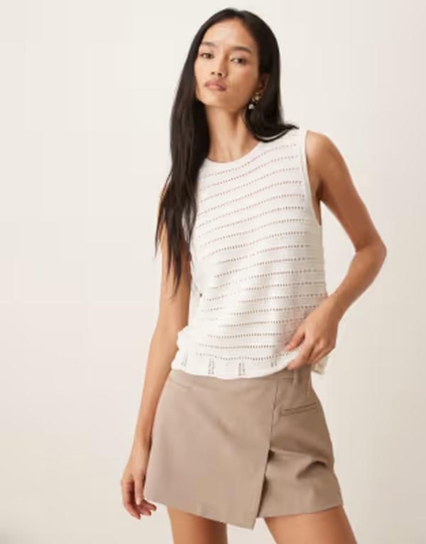 ジェイディーワイ レディース トップス ベスト ニット JDY boxy knit scallop edge tank top with crochet detail piping CLOUDANCER ホワイト